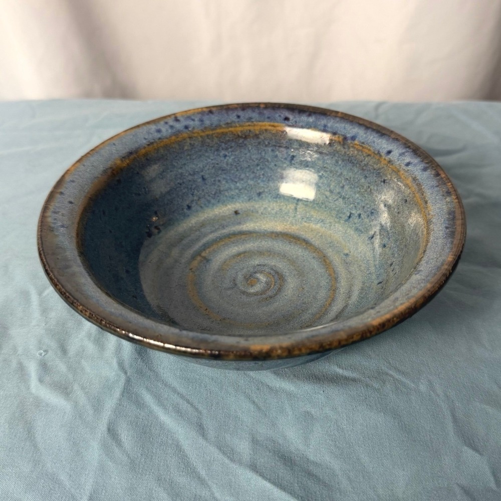 Signed Studio Pottery Ceramic Bowl Blue Purple Orange Swirls Artisan Earthy 7x2"